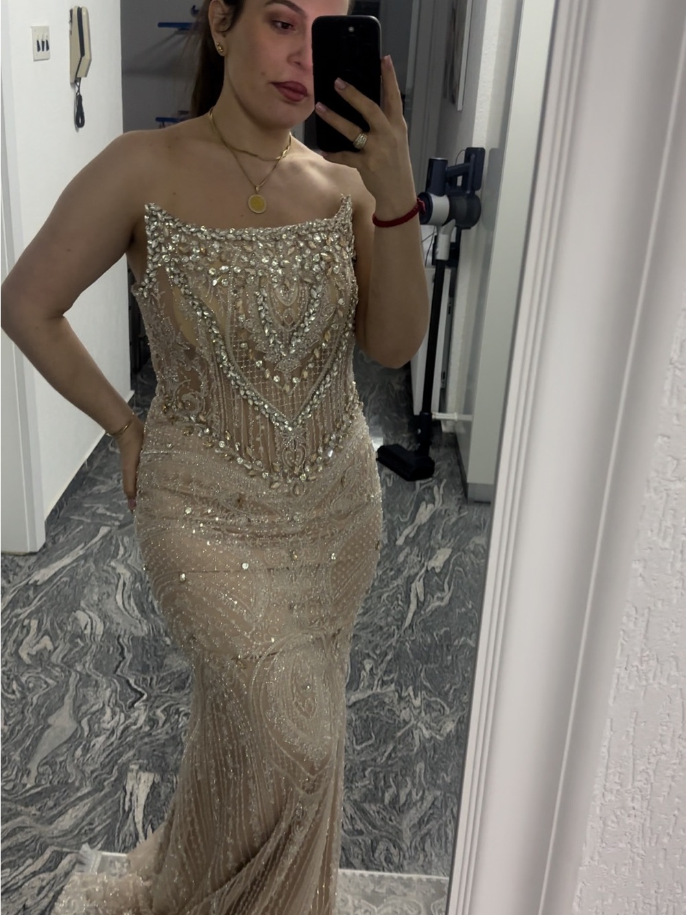 Embellished Strapless Evening Gown in Champagne